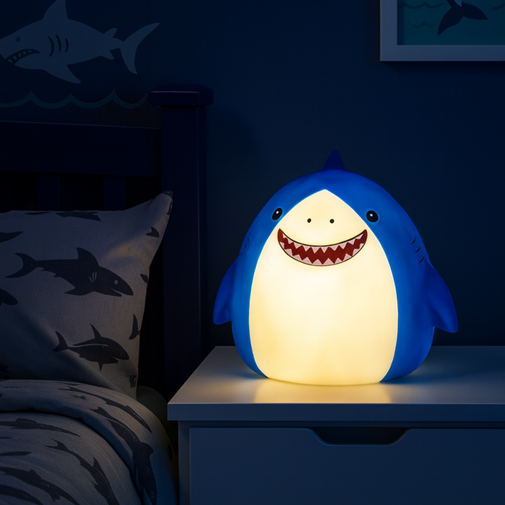 Shark-shaped night light on a bedside table in a bedroom with shark-themed decor.