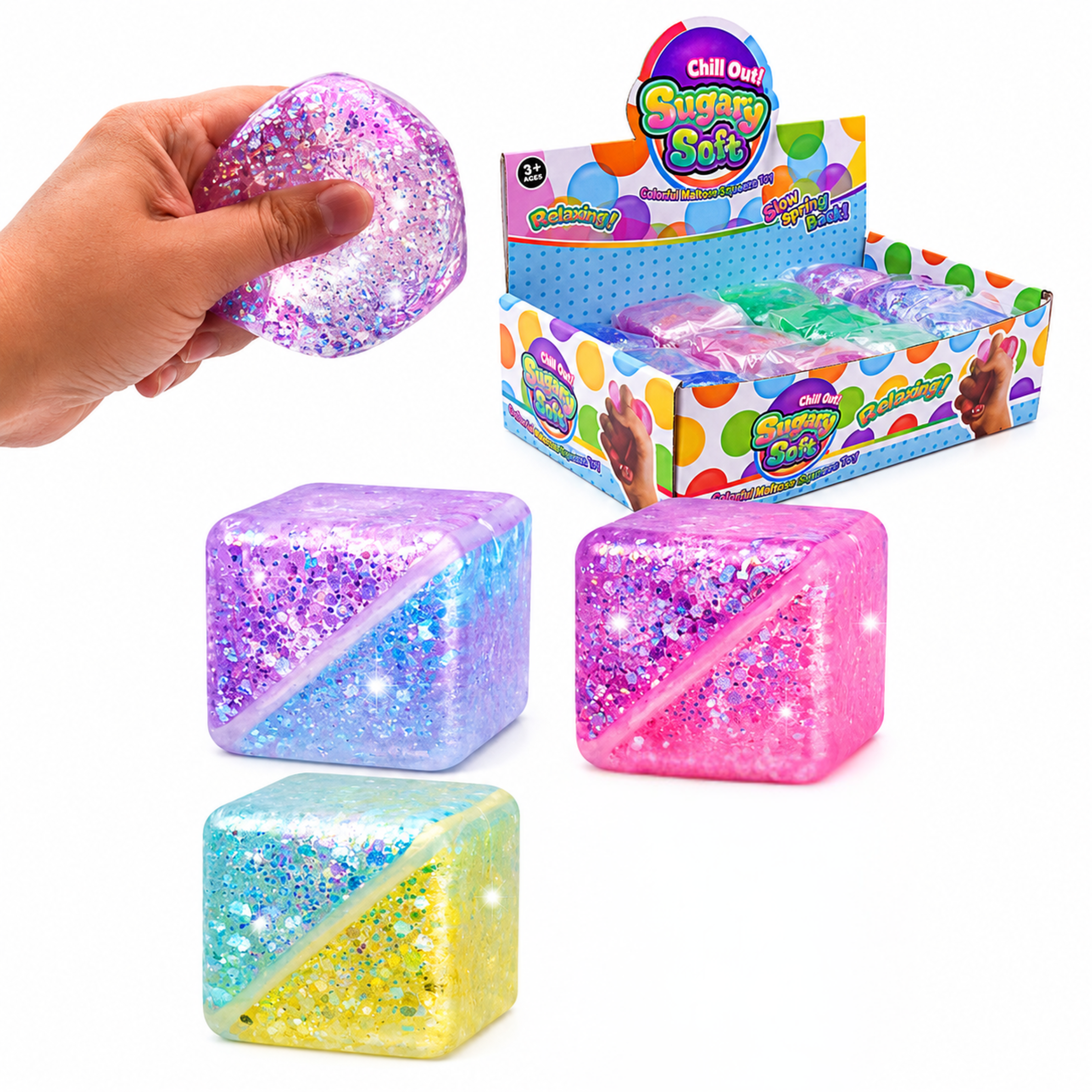 Jelly Cube Squishy - Glitter 2 Tone - 3 Pack